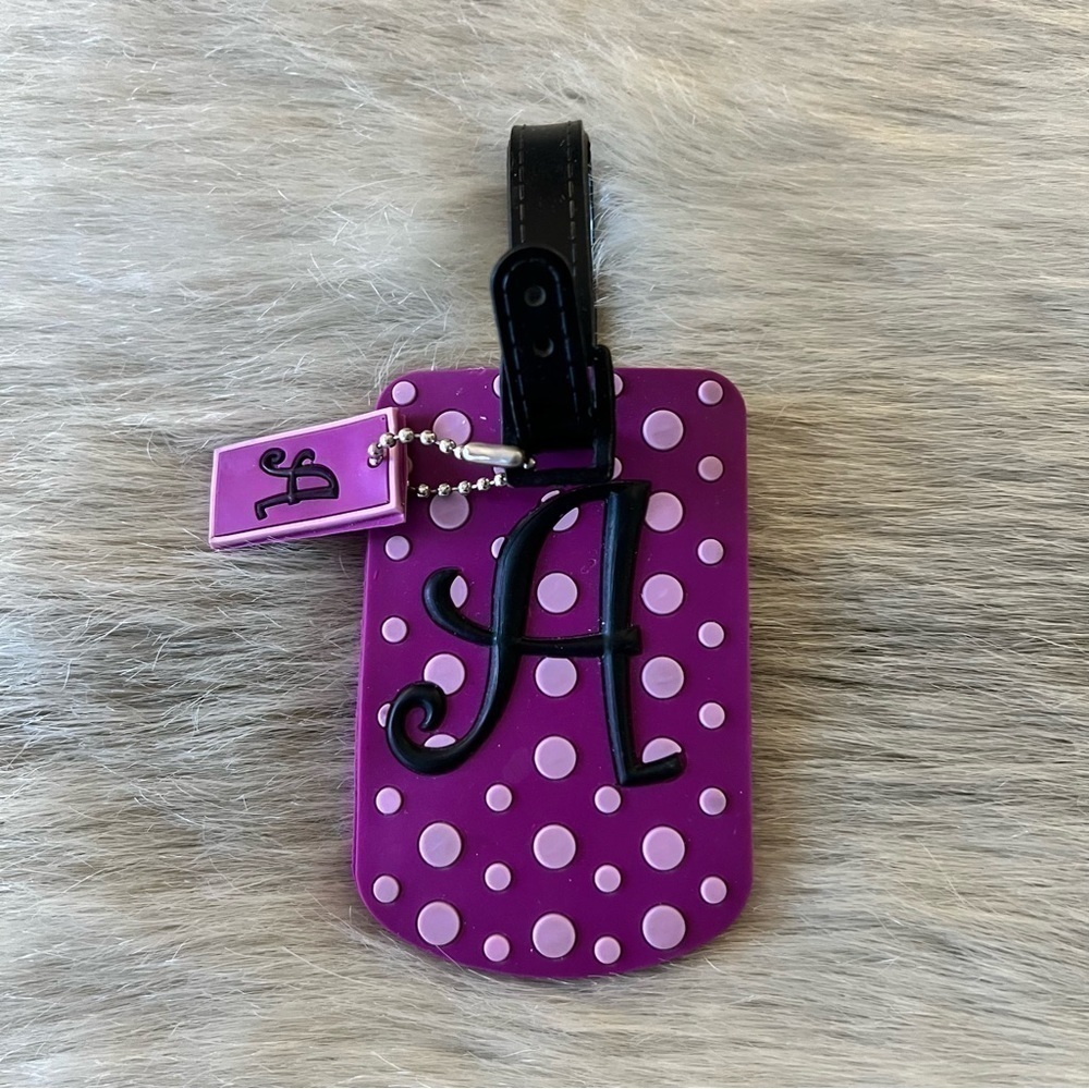 LUGGAGE TAG Purple White Polka Dot Thick Rubber “A” Personalized